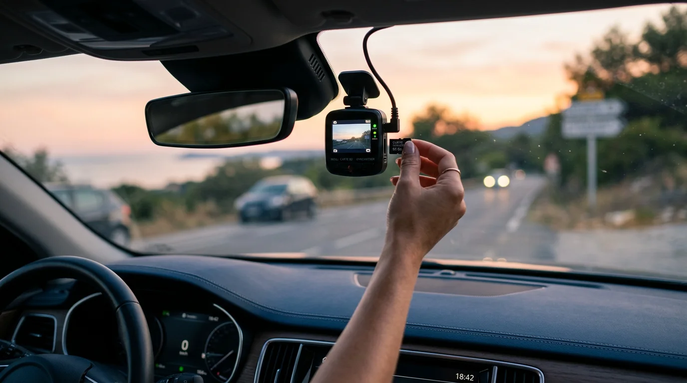 Insertion d'une carte microSD dans une dashcam montée sur un pare-brise de voiture