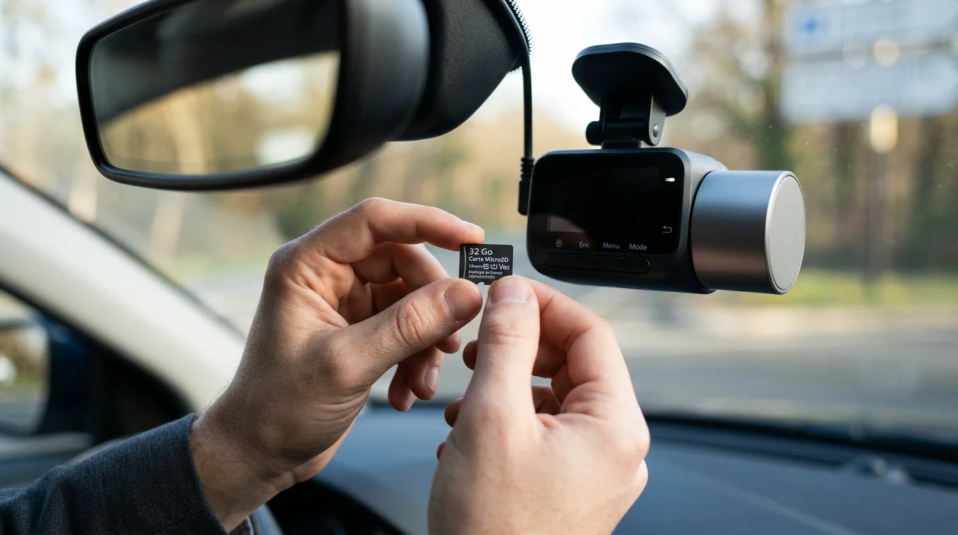 Gros plan sur une carte microSD avec ses symboles de classe de vitesse près d'une dashcam
