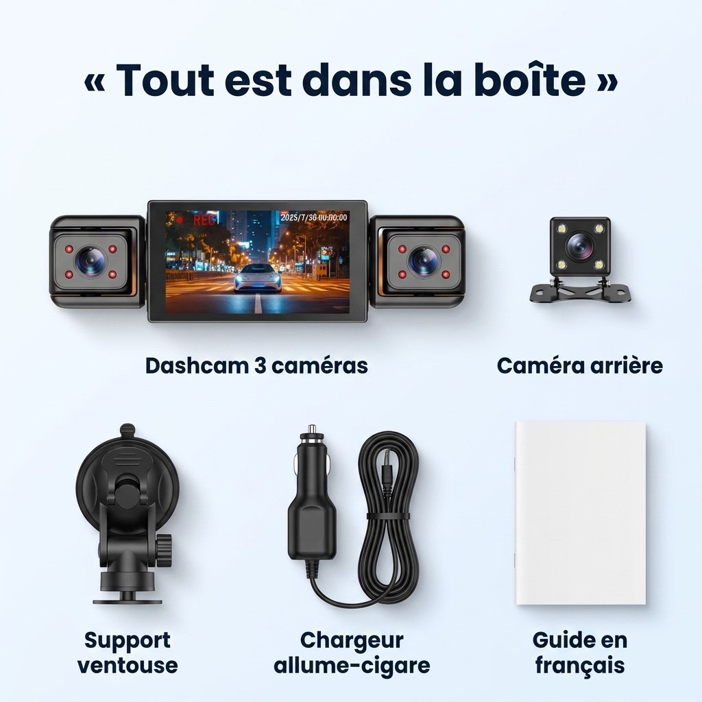 Dashcam Voiture 4 Caméras à Écran : Avant, Habitacle et Arrière