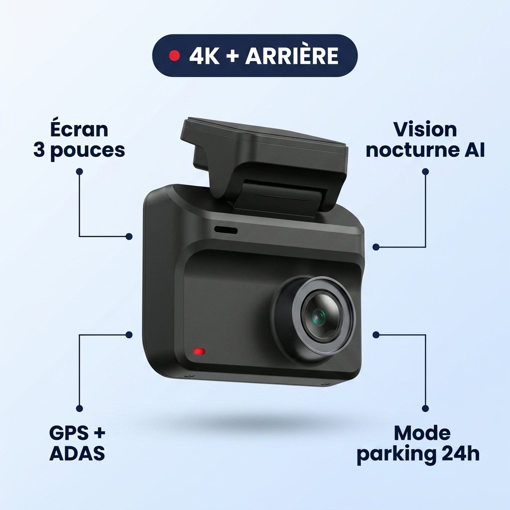 Dashcam Sentinelle Pro 4K, objectif avant et support
