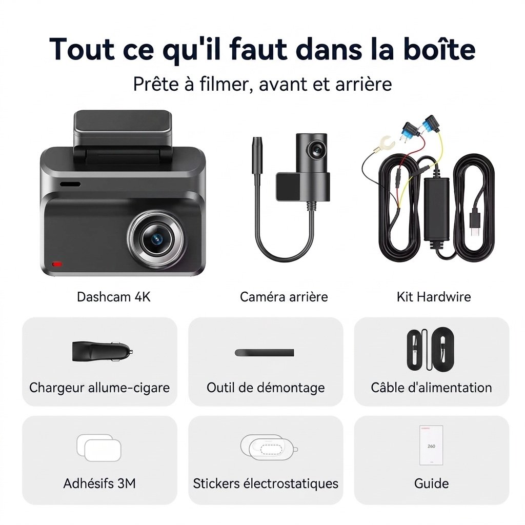 Dashcam Voiture 4K Avant et Arrière à GPS et Aide à la Conduite