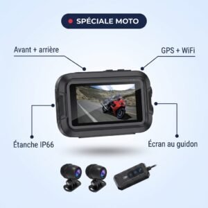 Dashcam moto Sentinelle Rider : boîtier-écran, caméras et télécommande