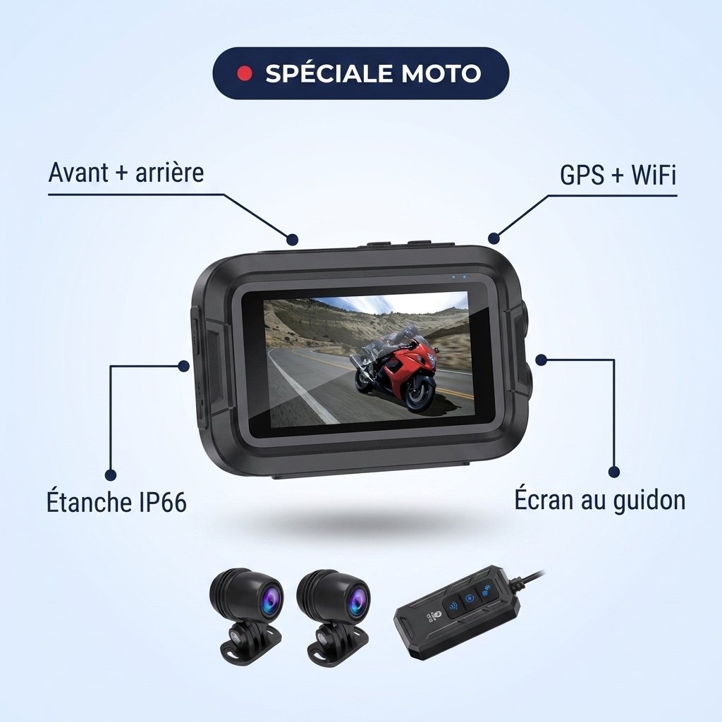 Dashcam moto Sentinelle Rider : boîtier-écran, caméras et télécommande