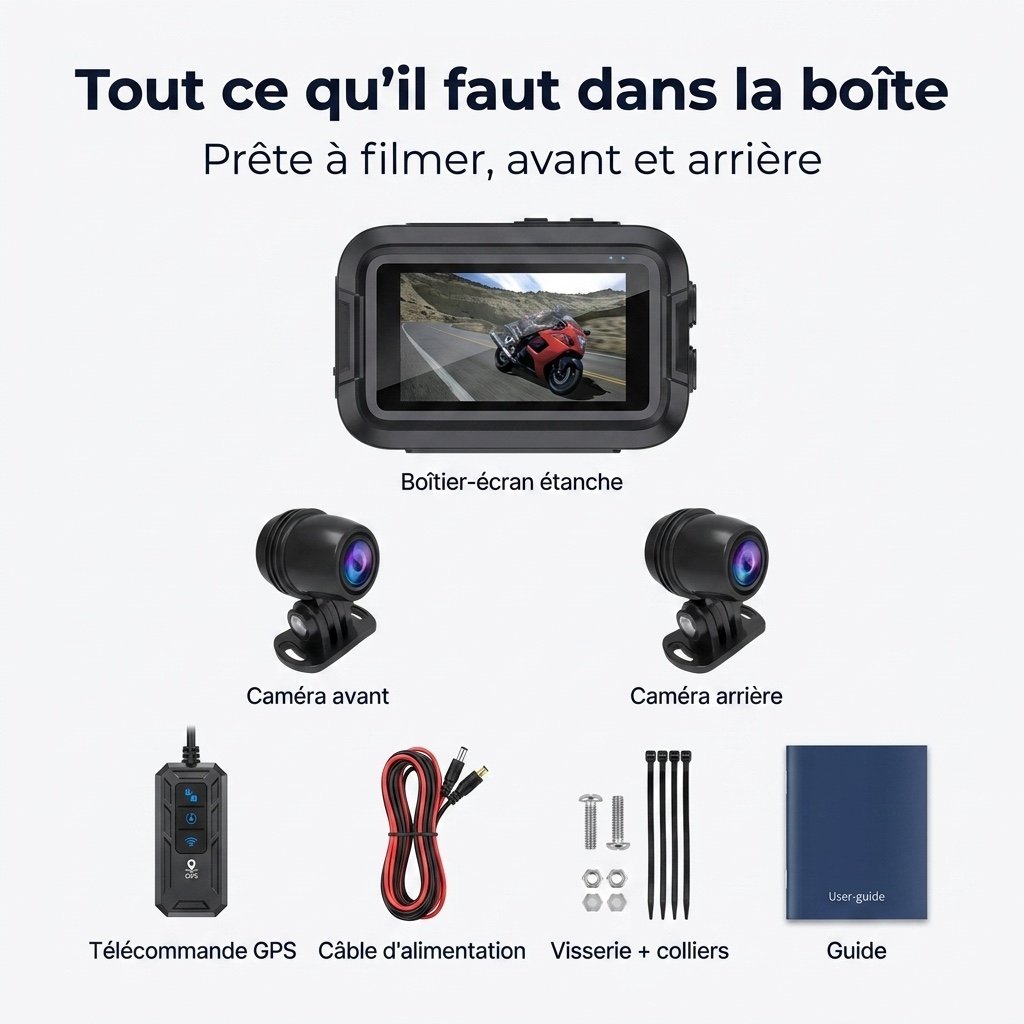 Dashcam Moto Étanche à Double Caméra 1080p, Écran et GPS