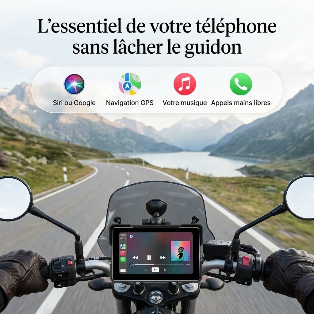 Écran CarPlay 7 pouces monté au centre du guidon : Siri ou Google, navigation GPS, musique et appels mains libres