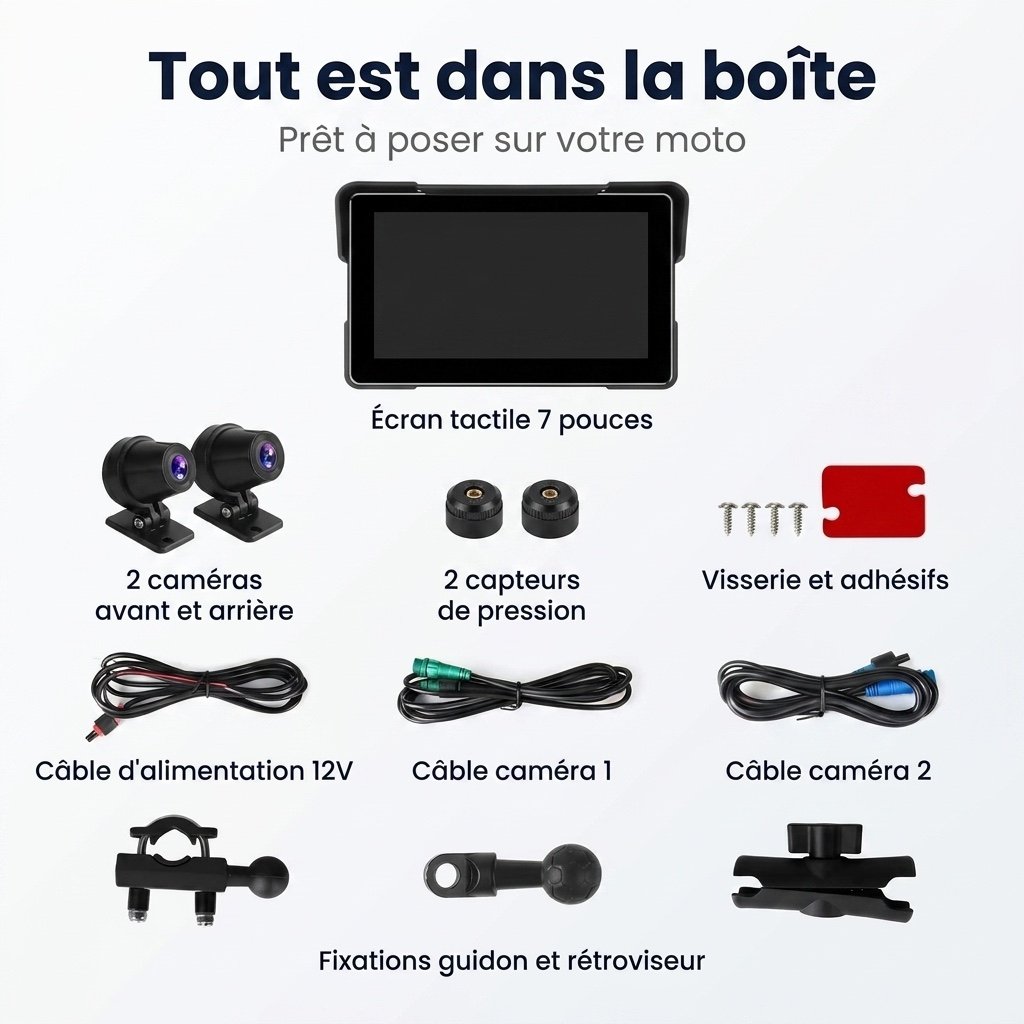 Écran CarPlay & Android Auto Moto 7″, Dashcam, GPS et Pression Pneus