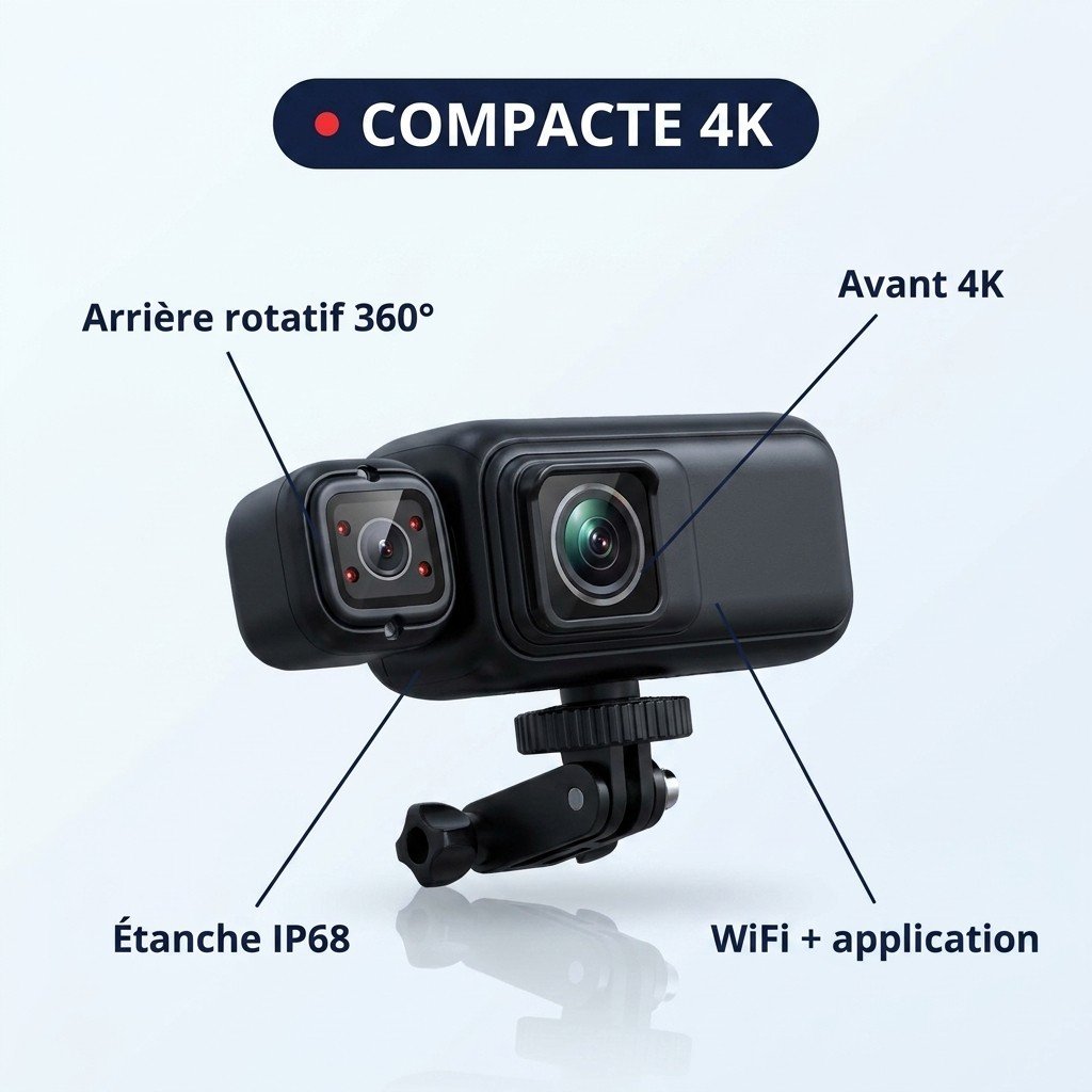 Dashcam Moto Compacte 4K, Caméra Arrière Rotative 360° et WiFi