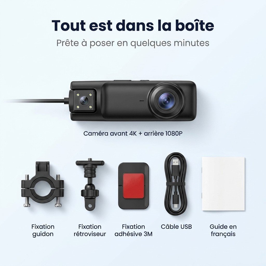 Dashcam Moto Compacte 4K, Caméra Arrière Rotative 360° et WiFi