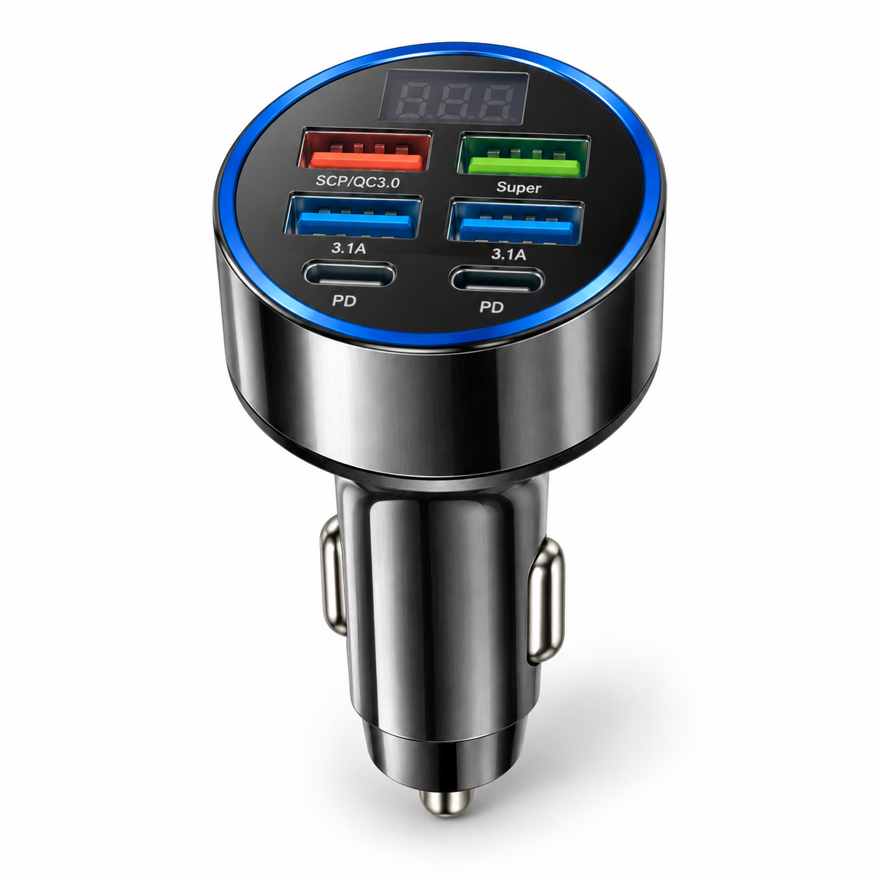 Adaptateur allume-cigare USB à six ports sur fond blanc