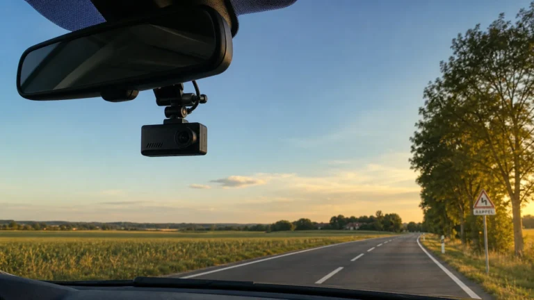 Caméra embarquée discrète installée derrière le rétroviseur sur une route française