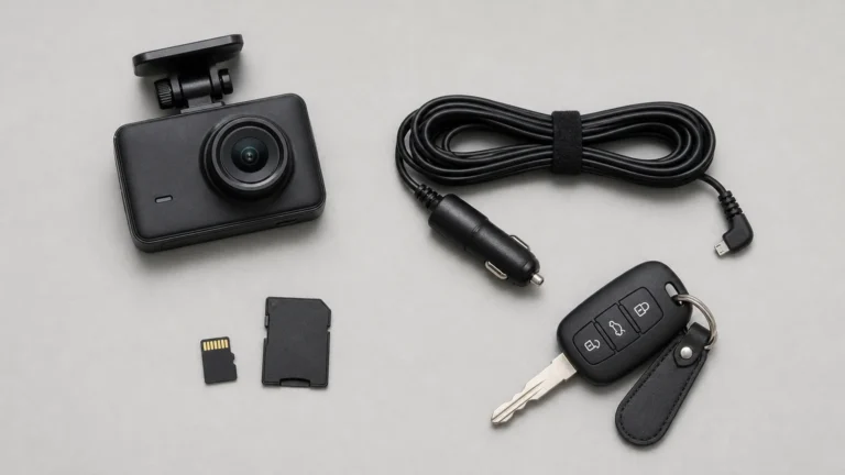 Carte microSD de 256 Go et dashcam sur une surface neutre