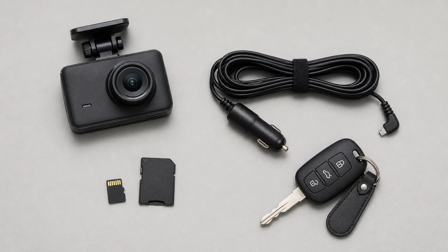 Carte microSD de 256 Go et dashcam sur une surface neutre