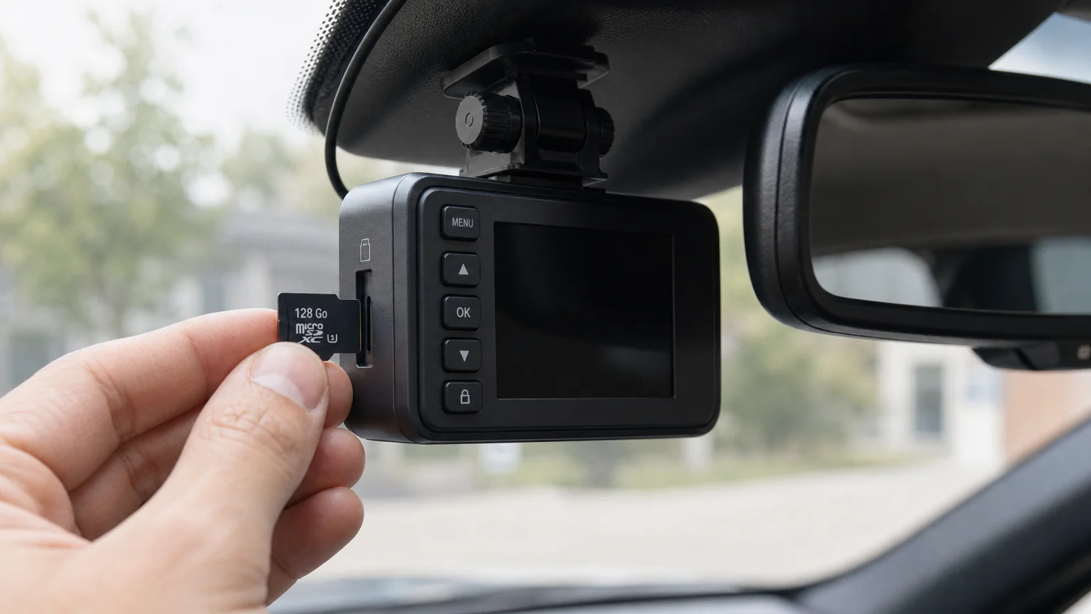 Insertion d’une carte microSD dans une dashcam installée derrière un rétroviseur