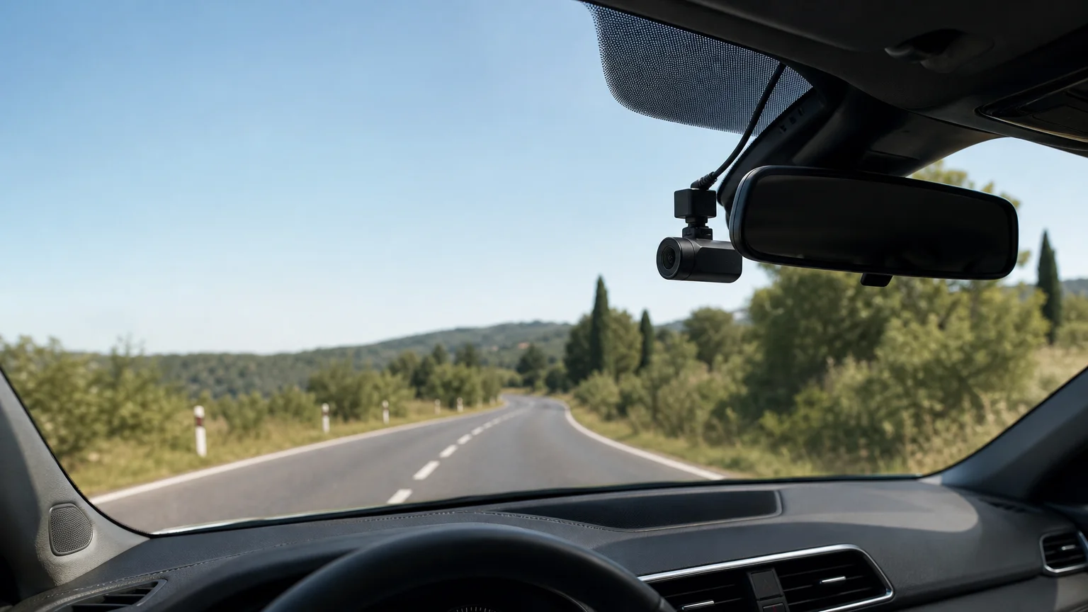 Dashcam discrète installée derrière le rétroviseur d'une voiture sur une route française