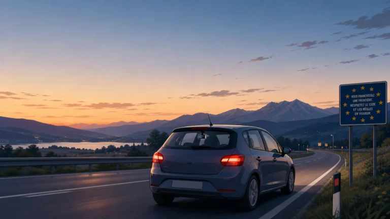 Voiture équipée d’une dashcam sur une route au crépuscule