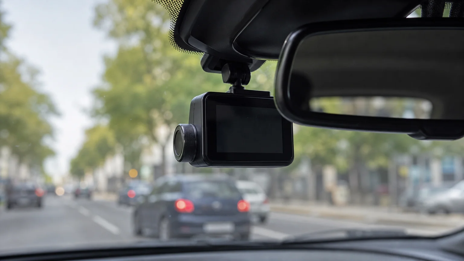 Dashcam installée derrière le rétroviseur d’une voiture