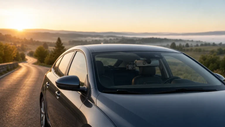 Dashcam générique installée dans une voiture sur une route française