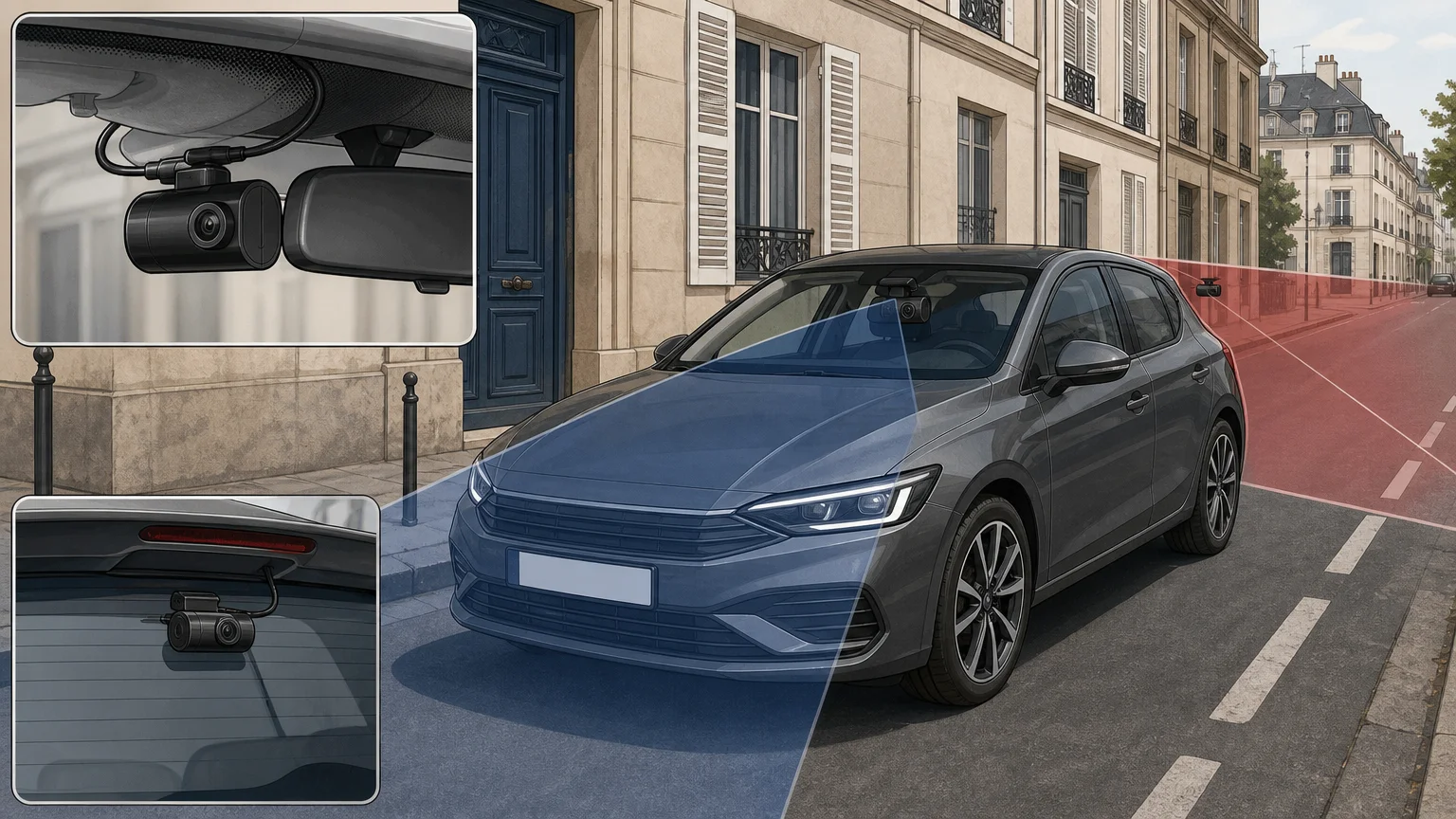 Illustration montrant la couverture avant et arrière d’une double caméra pour voiture