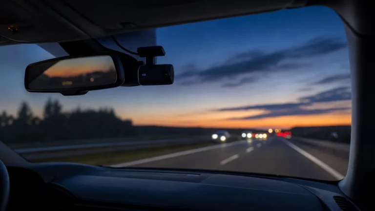 Dashcam discrètement installée derrière le rétroviseur sur une route française