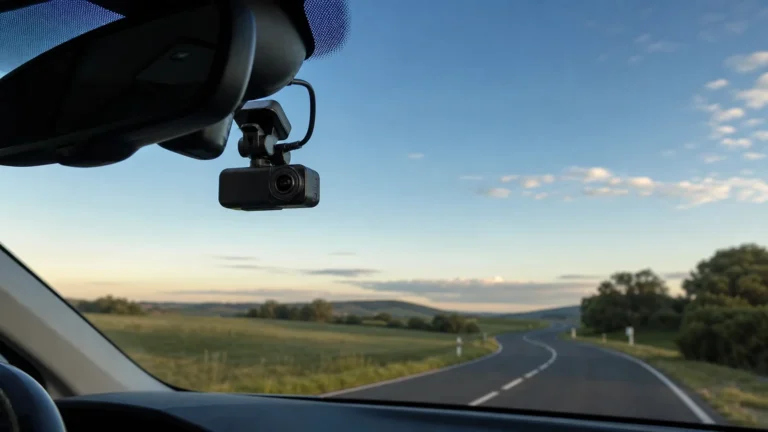 Dashcam discrète installée derrière le rétroviseur d’une voiture
