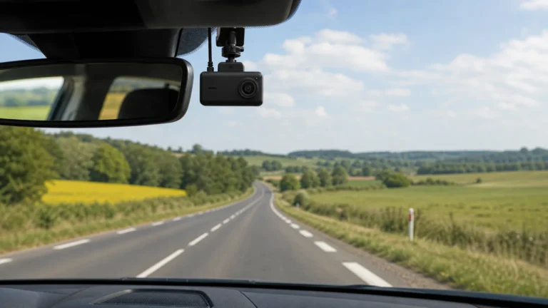 Dashcam voiture discrète installée derrière un rétroviseur sur une route française