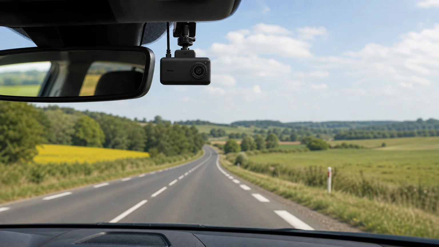 Dashcam voiture discrète installée derrière un rétroviseur sur une route française