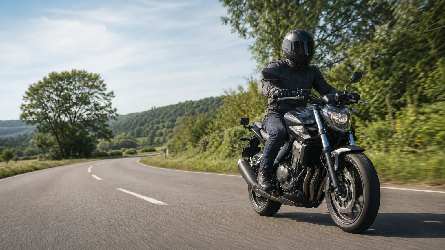 Dashcam moto fiable installée sur une moto sur une route française