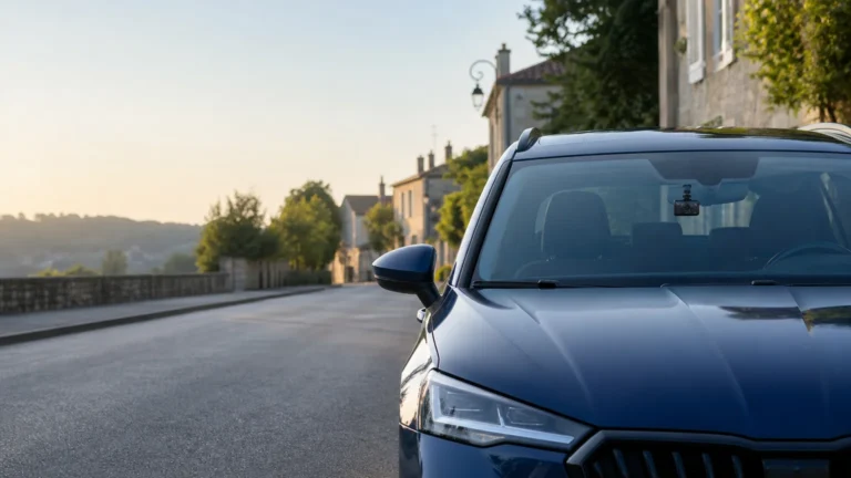 Dashcam discrète installée dans une voiture stationnée en France