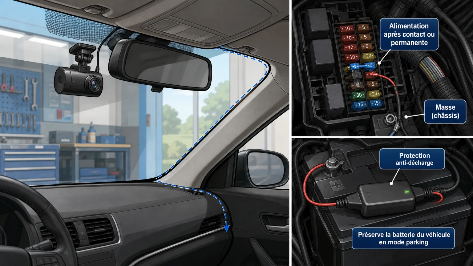 Installation discrète d’une dashcam avec alimentation permanente pour le mode parking