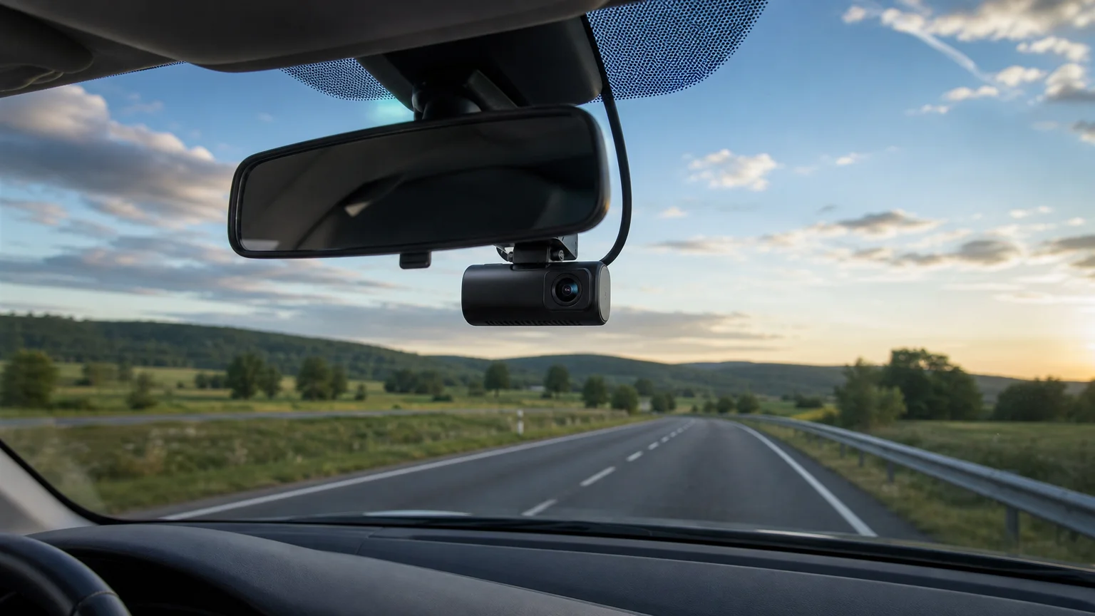 Caméra embarquée discrète installée derrière un rétroviseur sur une route française
