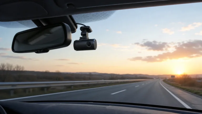 Dashcam générique installée derrière le rétroviseur d’une voiture sur une route française
