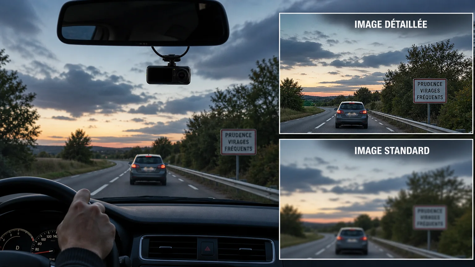 Dashcam générique installée derrière le rétroviseur sur une route au crépuscule