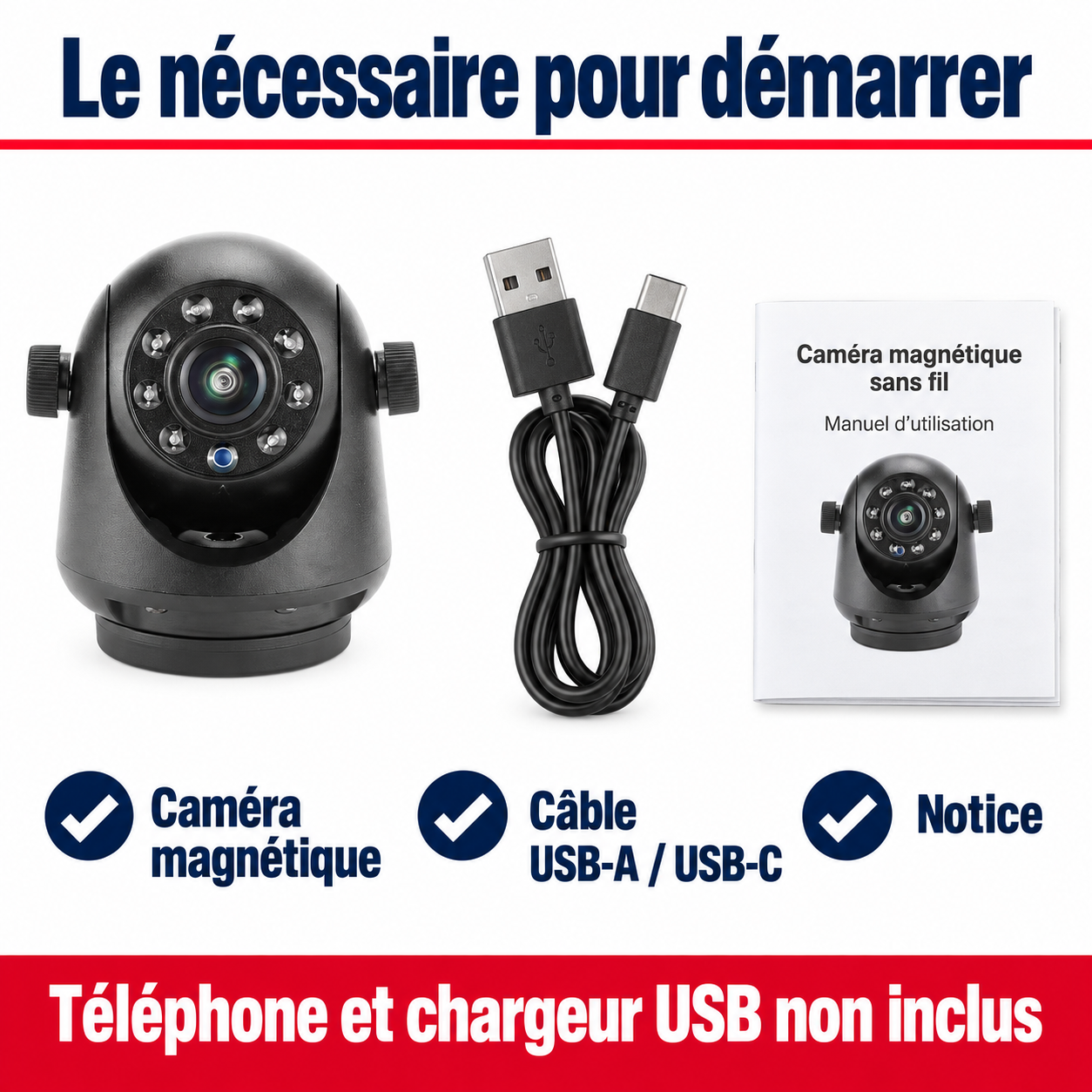Caméra, câble USB et notice