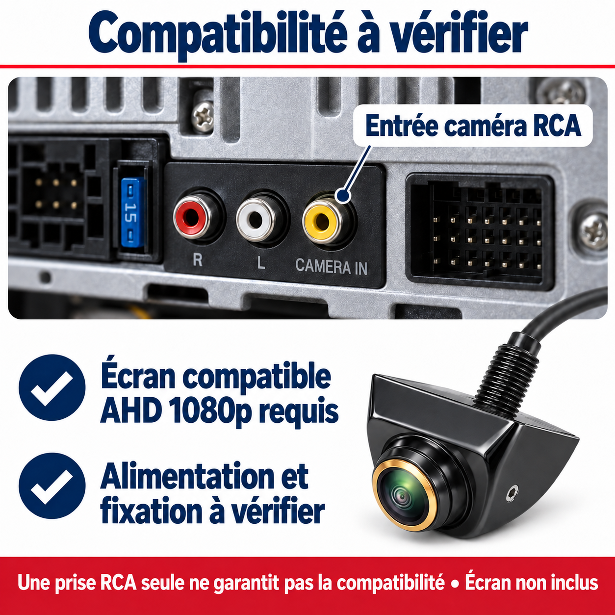 Caméra de recul AHD 1080p filaire pour écran compatible, Sentinelle Reverse