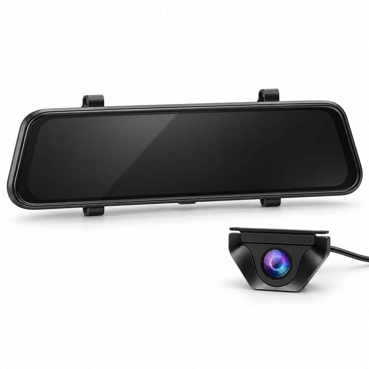 Rétroviseur dashcam 2K noir et caméra arrière sur fond blanc
