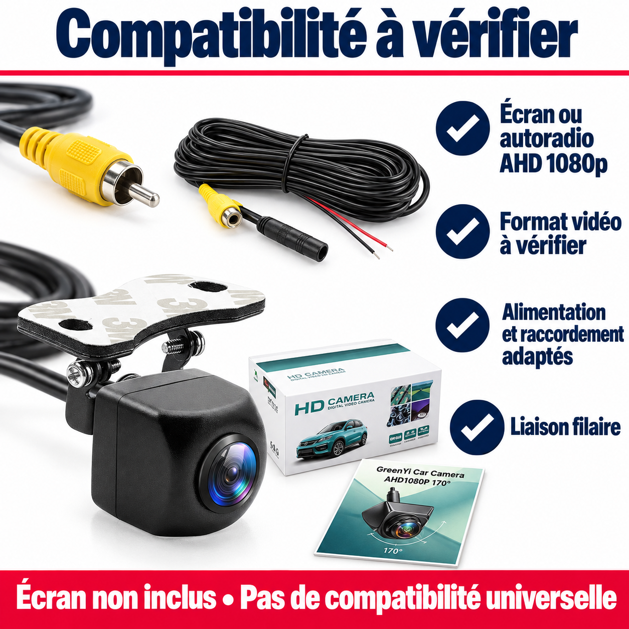 Caméra de recul AHD 1080p grand-angle 170° avec câble 6 m, Sentinelle Reverse 170