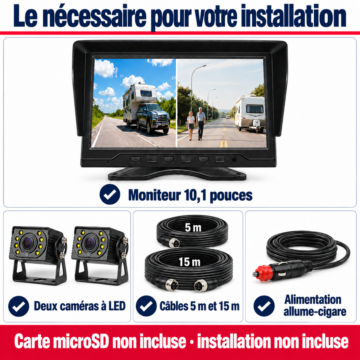 Deux caméras, deux rallonges et l’alimentation