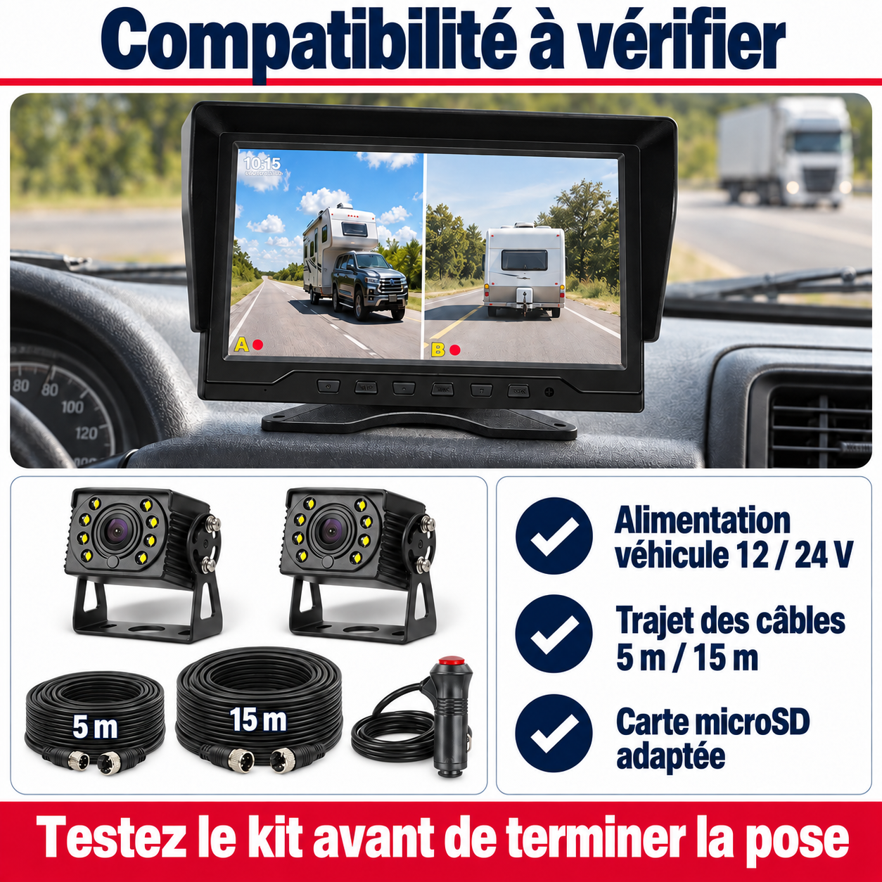Dashcam camion 24 V avec écran 10 pouces et 2 caméras, Sentinelle Truck