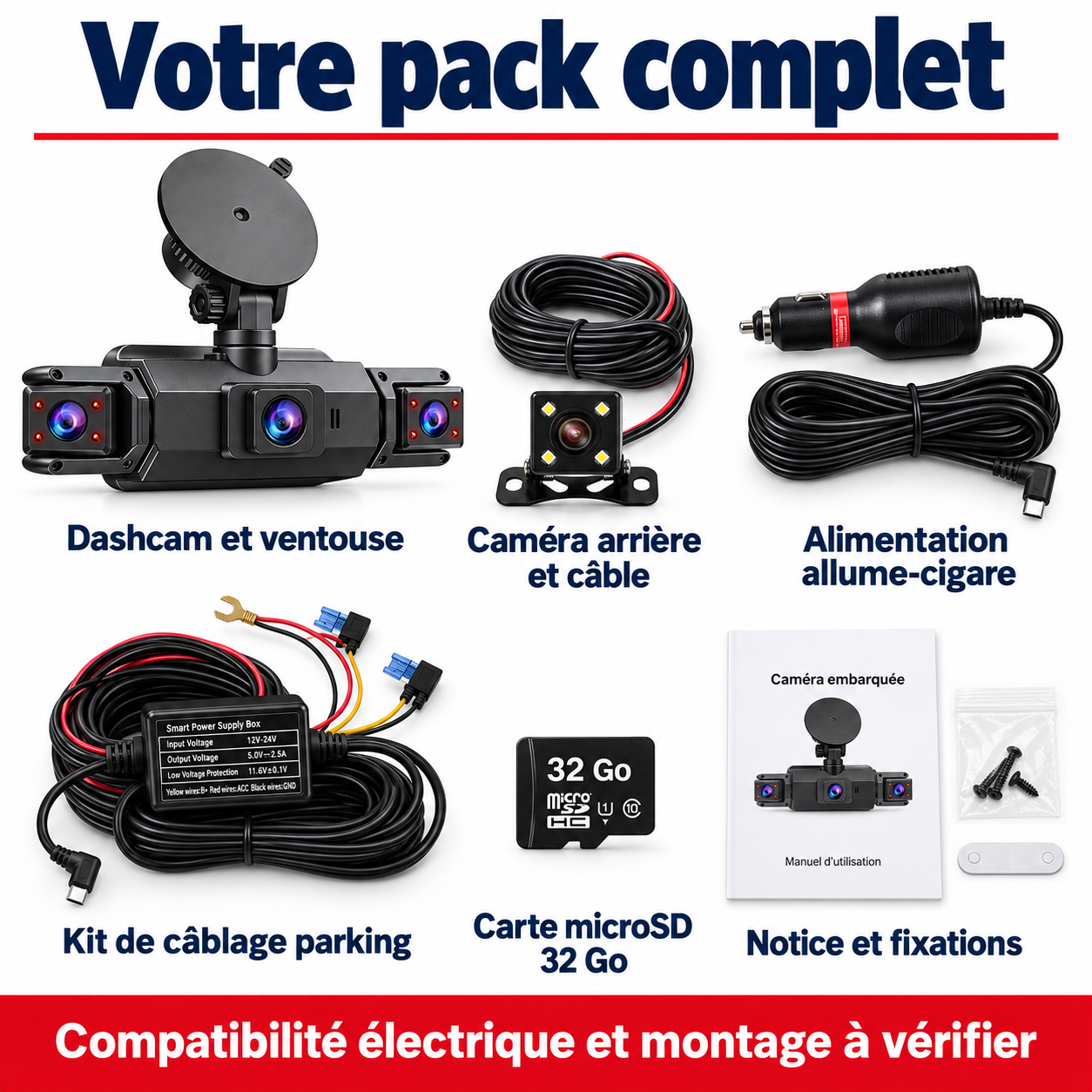 Dashcam 4 vues Wi-Fi avec kit parking et carte 32 Go, Sentinelle Multi Pro