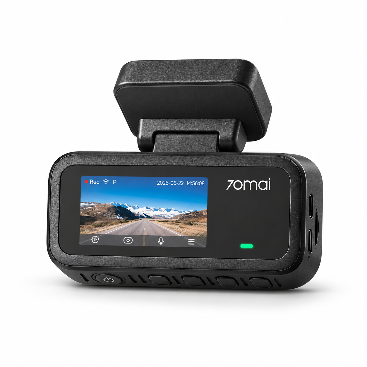 Dashcam Full HD noire vue côté écran et support adhésif