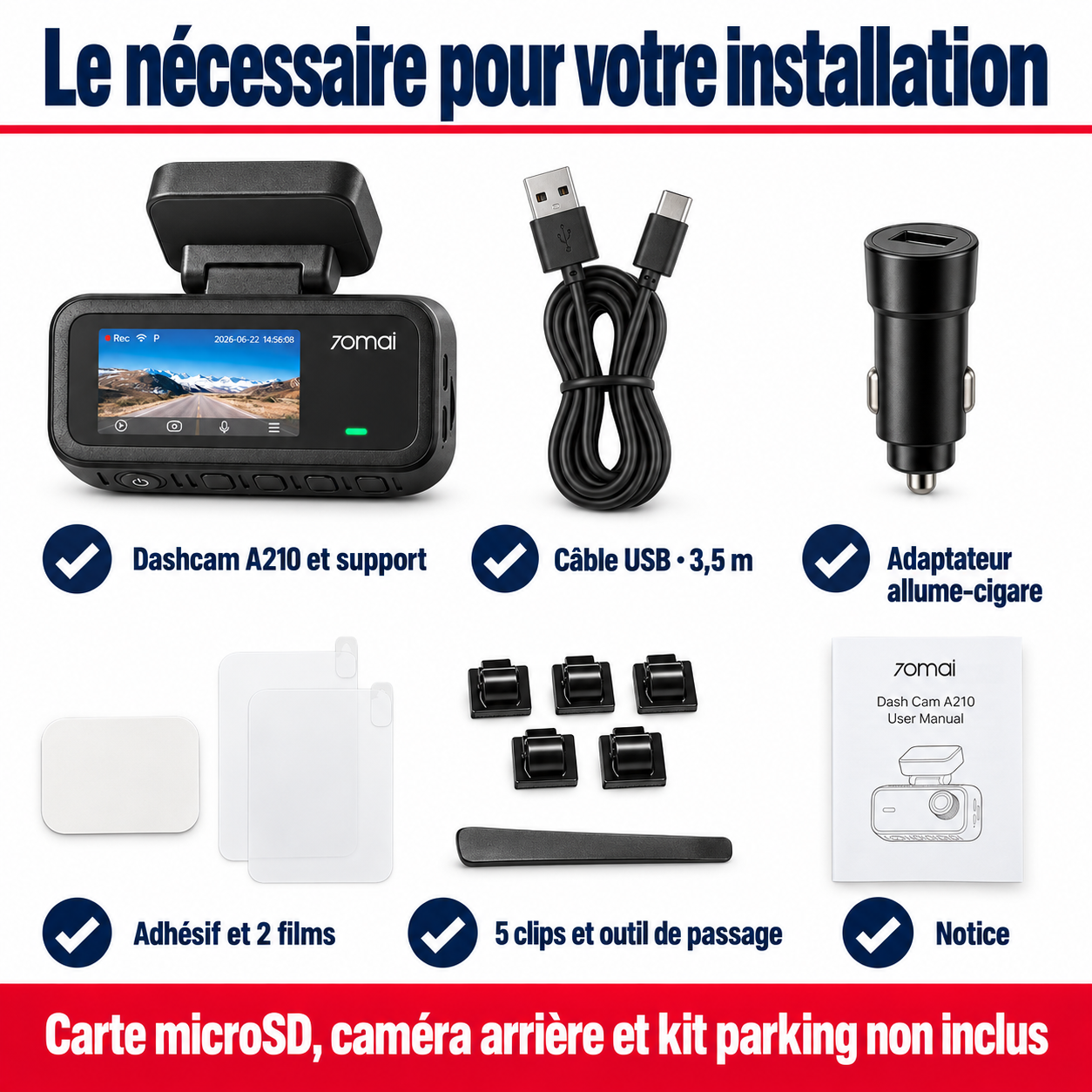 Les accessoires de montage et d’alimentation inclus