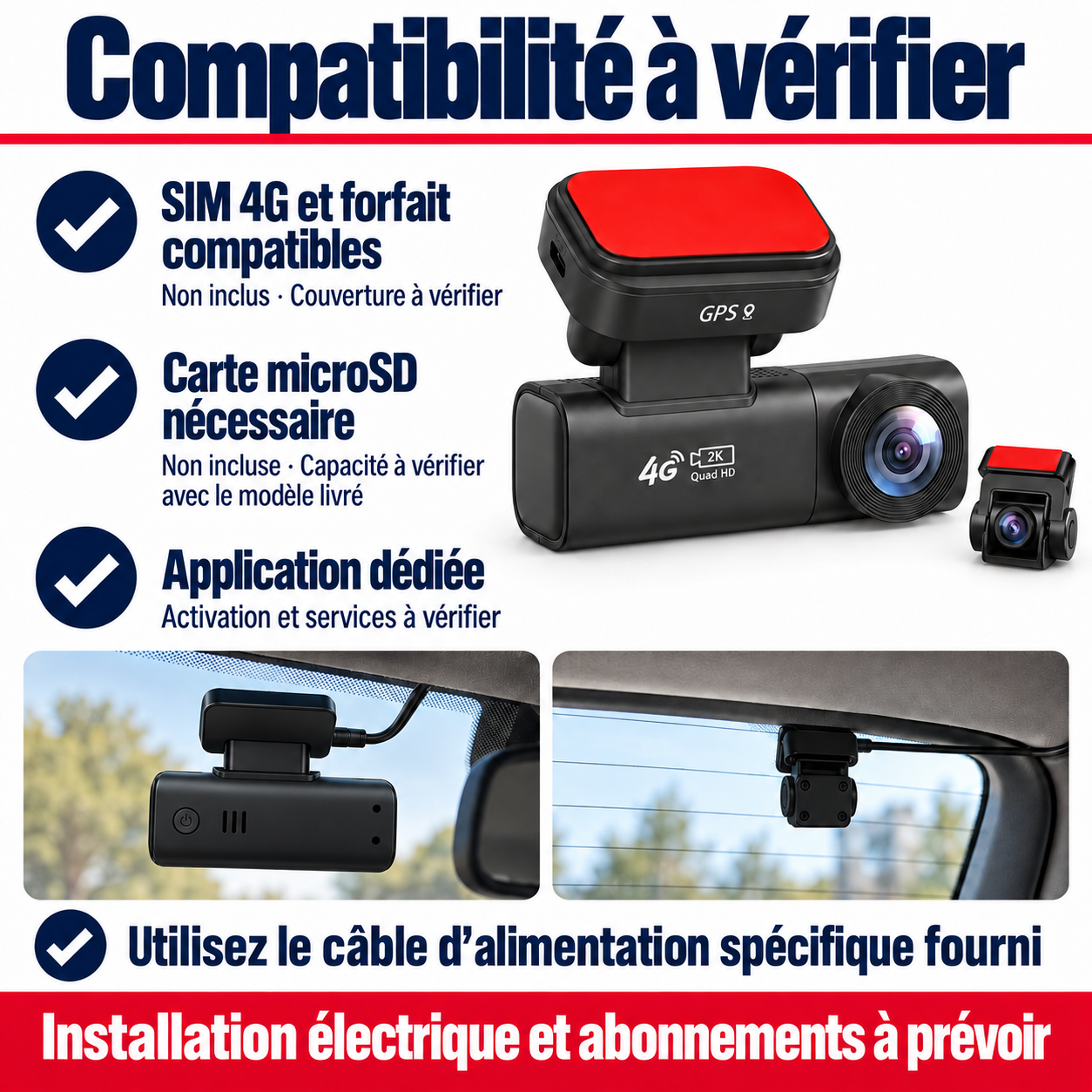 Dashcam avant arrière 2K avec GPS et 4G, Sentinelle Connect
