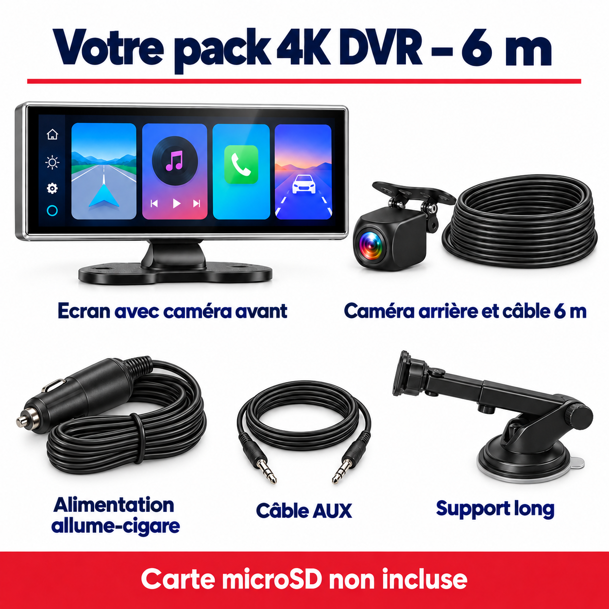 Écran CarPlay et Android Auto 11 pouces avec dashcam 4K, Sentinelle Cockpit