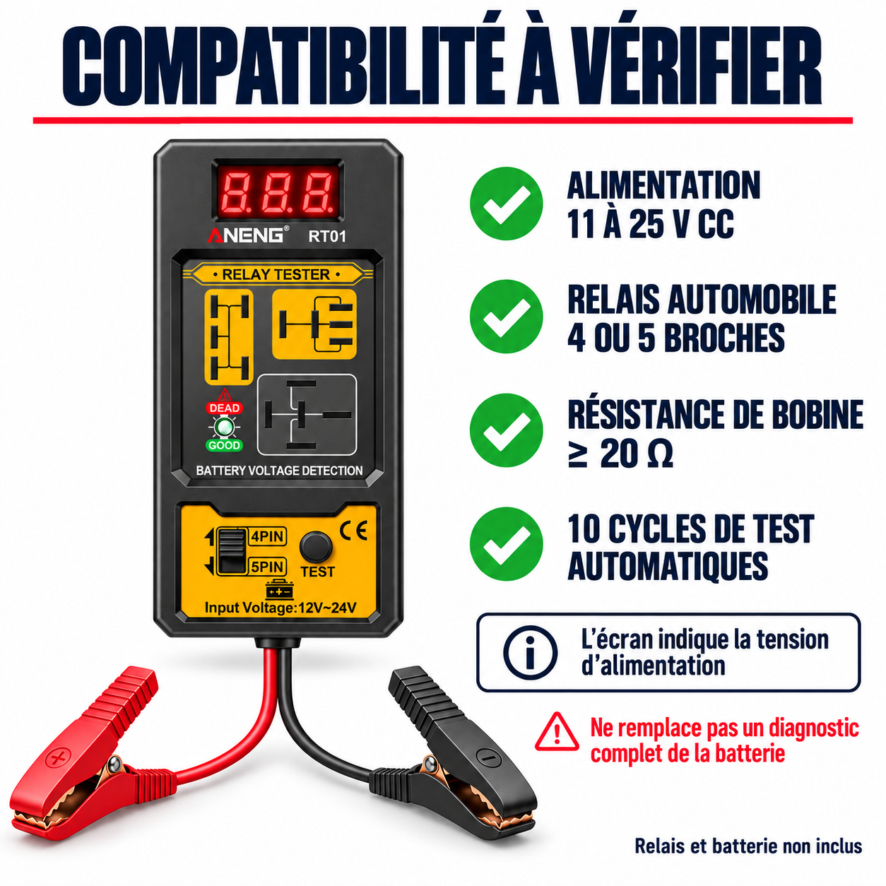 Testeur de relais automobile 4 et 5 broches 12 et 24 V, Sentinelle Test