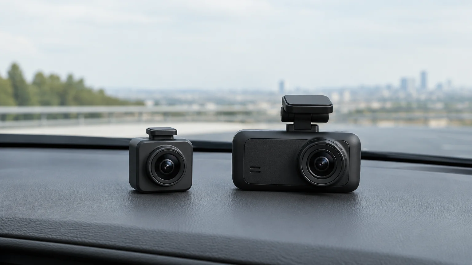 Deux dashcams automobiles génériques comparées sur une surface neutre