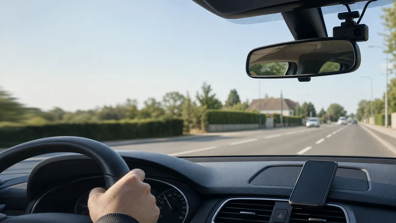 Dashcam installée derrière le rétroviseur d’une voiture sur une route française