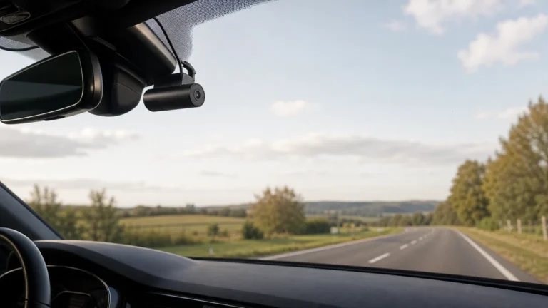 Dashcam discrète installée derrière le rétroviseur d’une voiture sur une route française