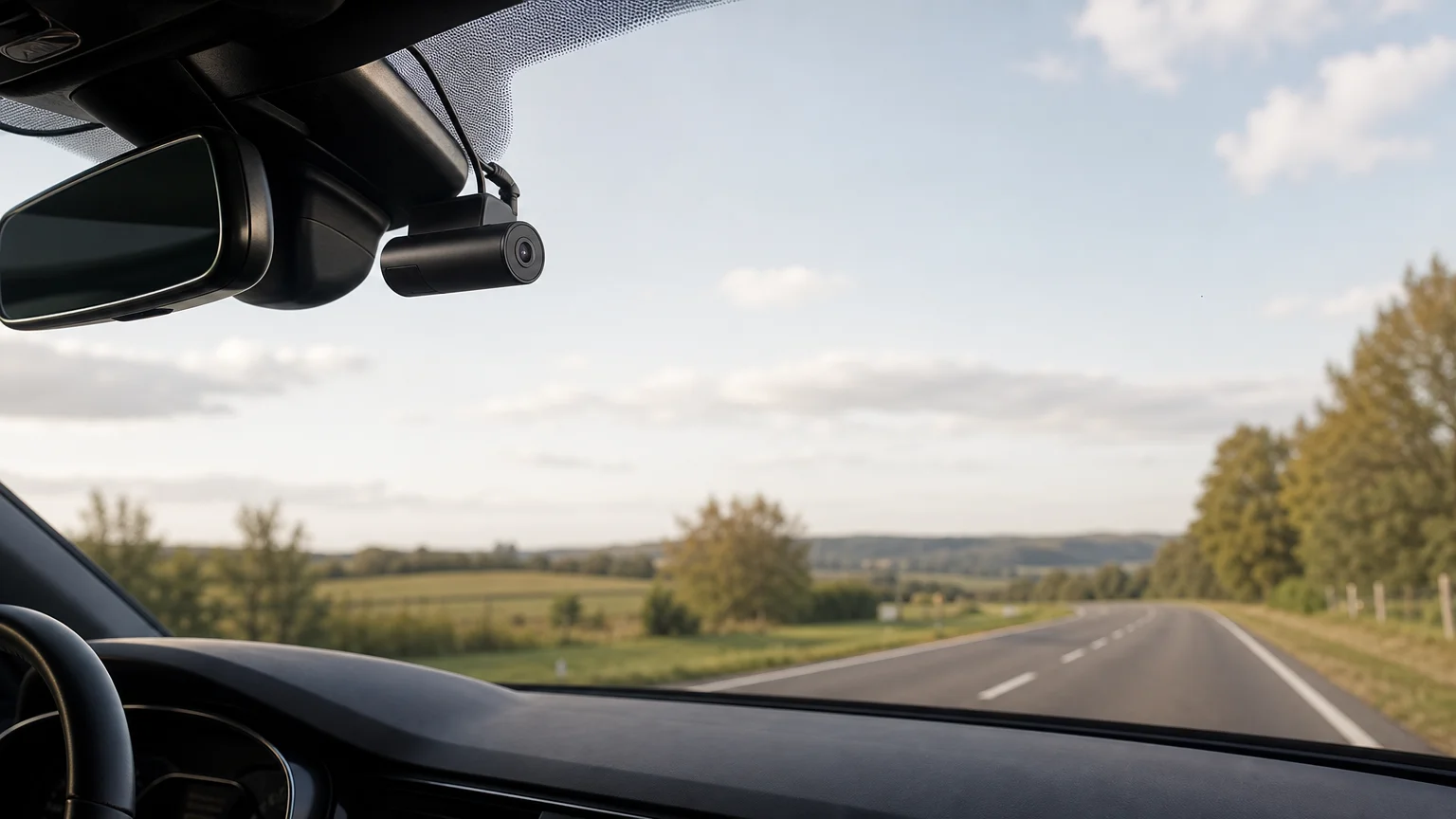 Dashcam discrète installée derrière le rétroviseur d’une voiture sur une route française