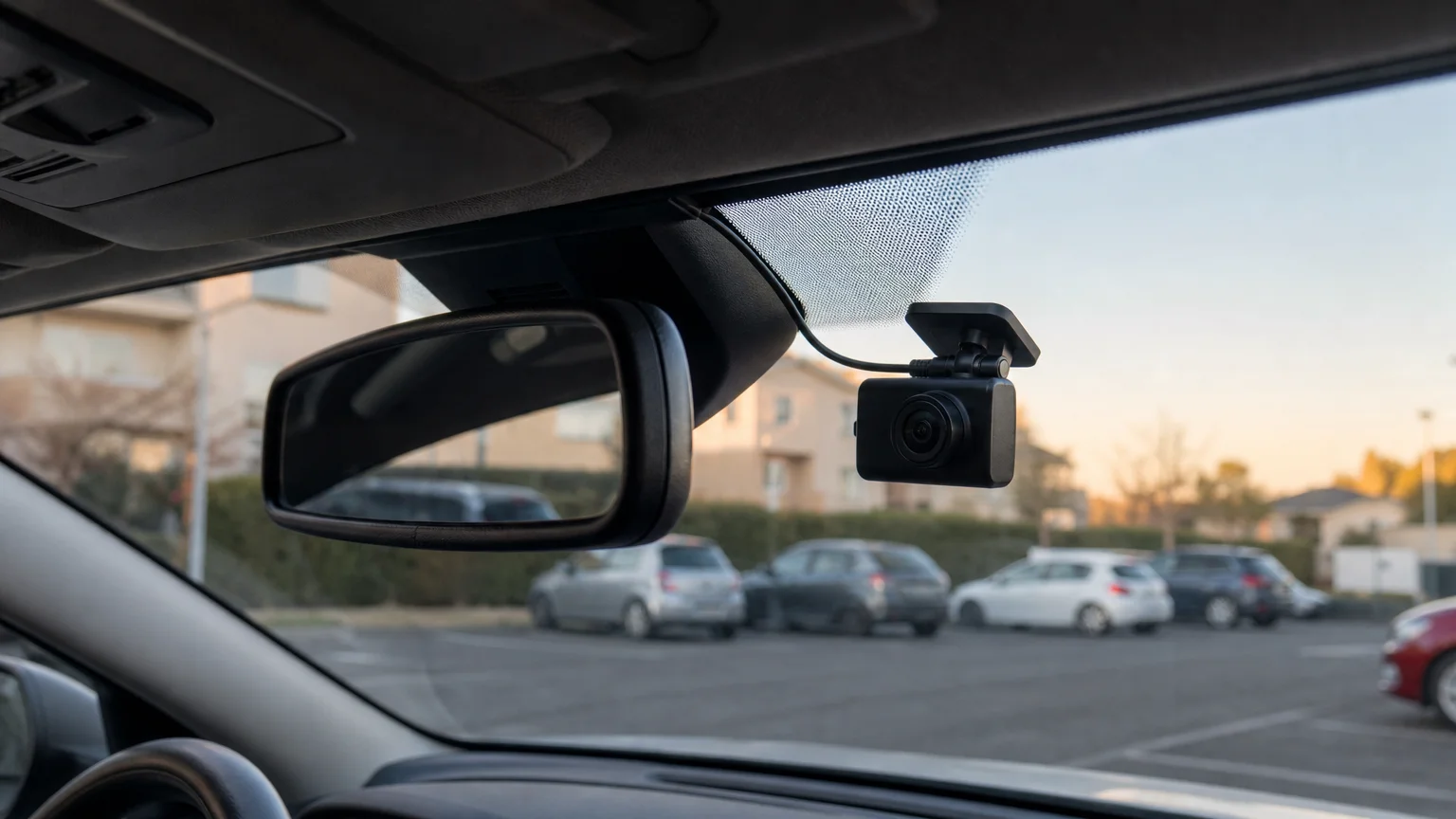 Dashcam discrète installée derrière le rétroviseur dans une voiture stationnée