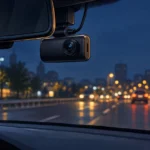 Dashcam générique fixée derrière un rétroviseur sur une route de nuit